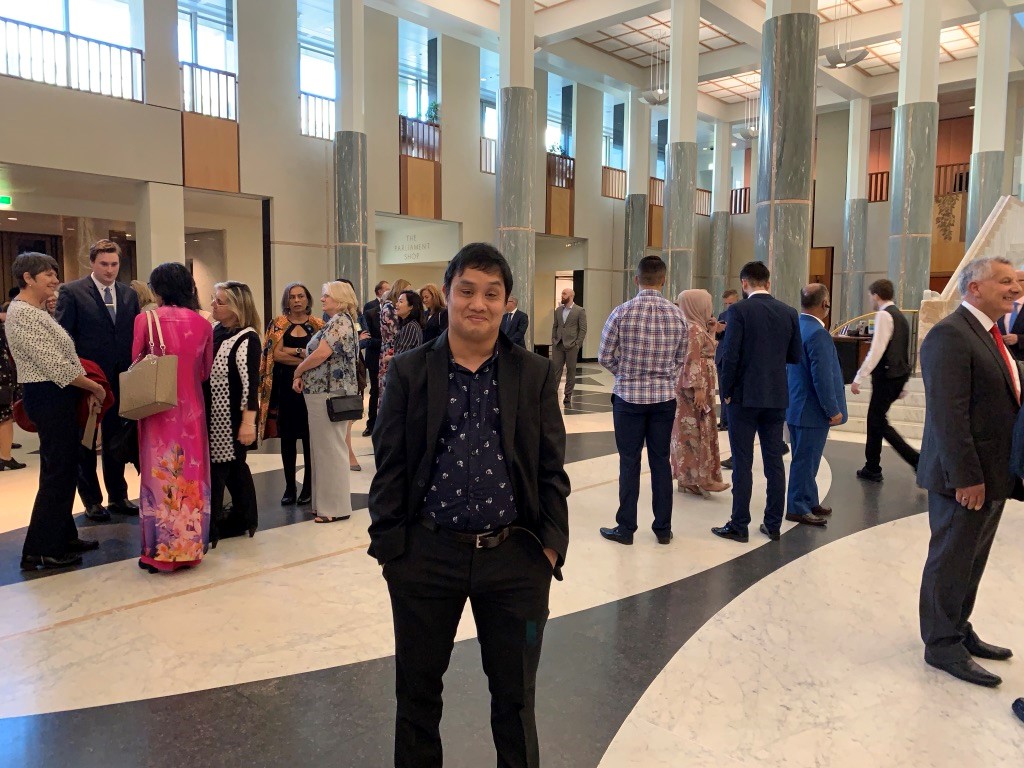 Dominic at the Australian Migration and Settlement Awards 2019, Parliament House, Canberra.